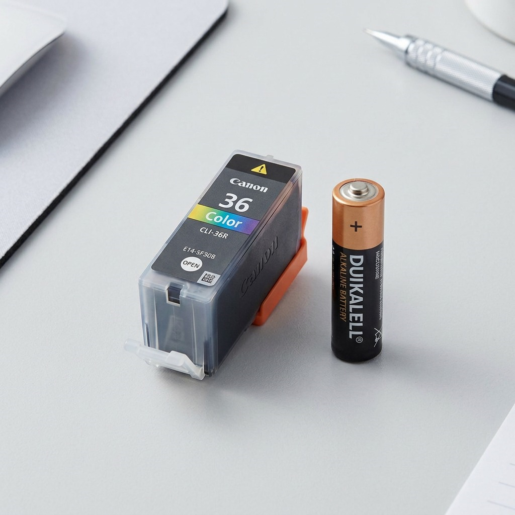 A photo of the single CLI-36 ink cartridge beside and slightly smaller than a standard AAA battery.