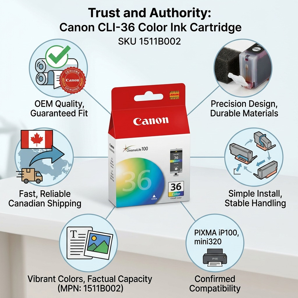 Product detail page trust and authority infographic with features surrounding the Canon CLI-36 color ink.