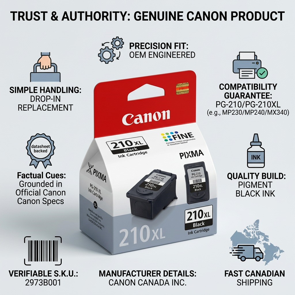 Trust and authority image featuring Canon PG-210 XL ink with quality and compatibility facts.