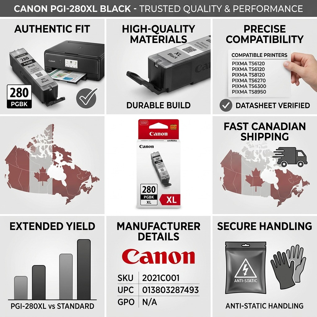 Trust and authority infographic showing a Canon PGI-280XL Black ink cartridge at the center, surrounded by trust icons and text.
