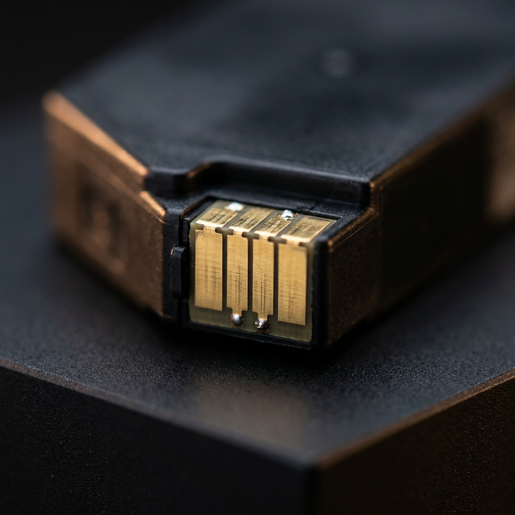 Extreme macro photo showing the precision contacts of the Canon PGI-280XL Black ink cartridge, emphasizing clear, well-defined golden metal connection points.