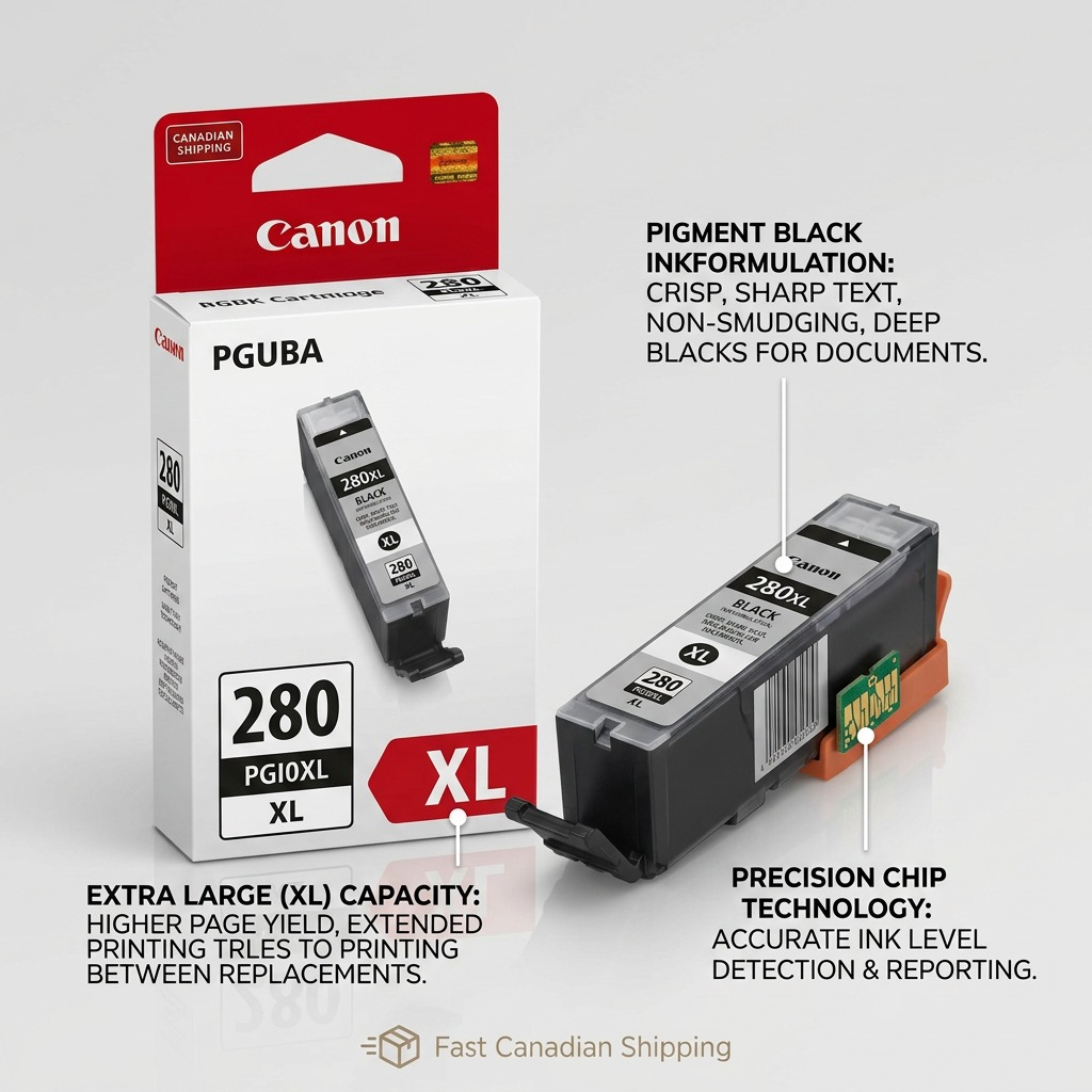 Canon PGI-280XL Black ink visual matrix illustrating operational features and customer benefits like high-yield and sharp text.