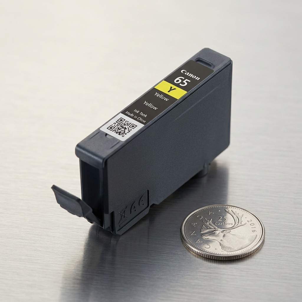 Scale reference photo for Canon CLI-65 Yellow Inktank, shown positioned beside a Canadian quarter to indicate true product size.