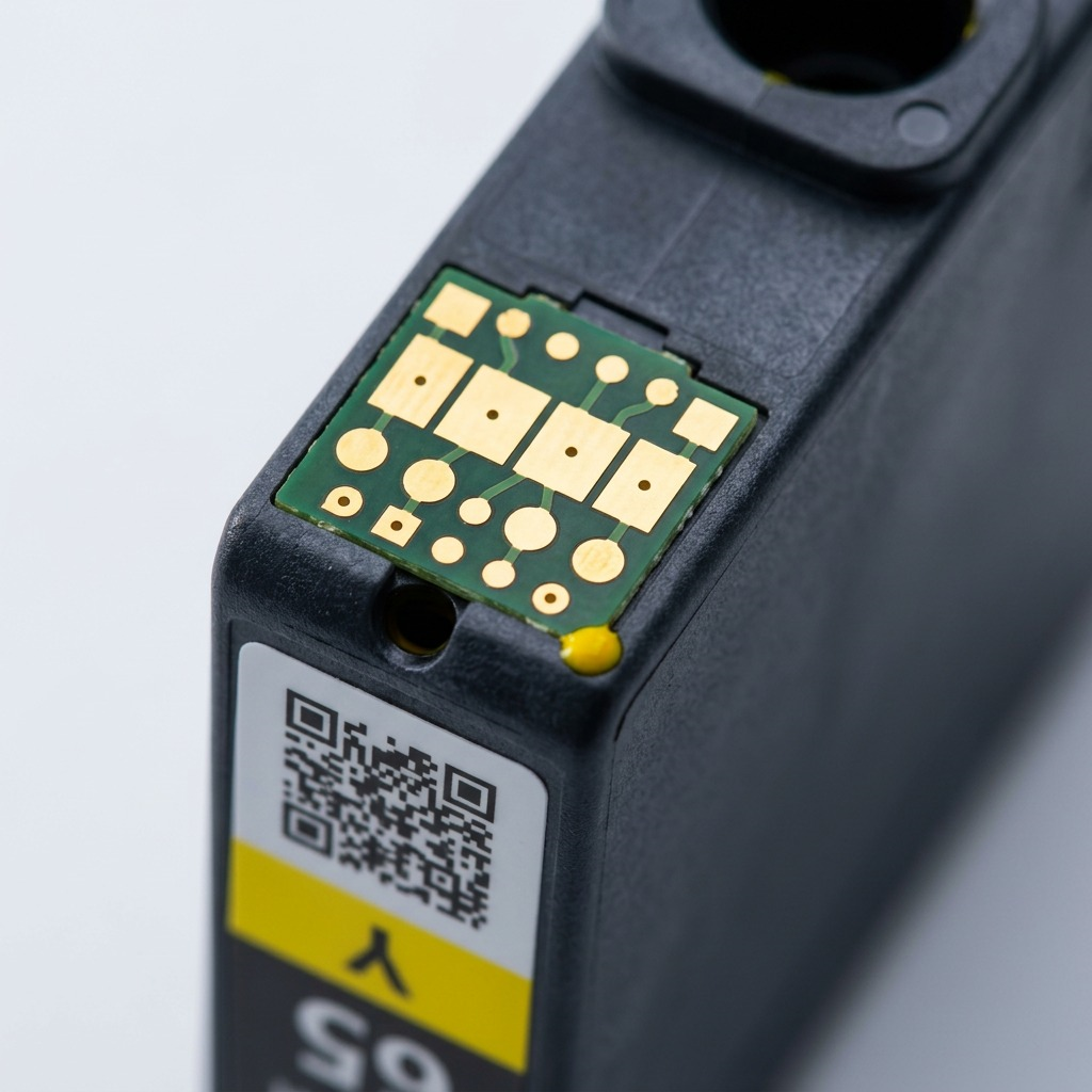 Extreme macro photograph showing the precise details and gold contact pins on a Canon CLI-65Y cartridge chip.