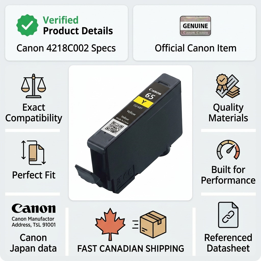 Infographic matrix displaying specifications, authenticity cues, performance indicators, and fast Canadian shipping for the Canon CLI-65 Yellow ink.