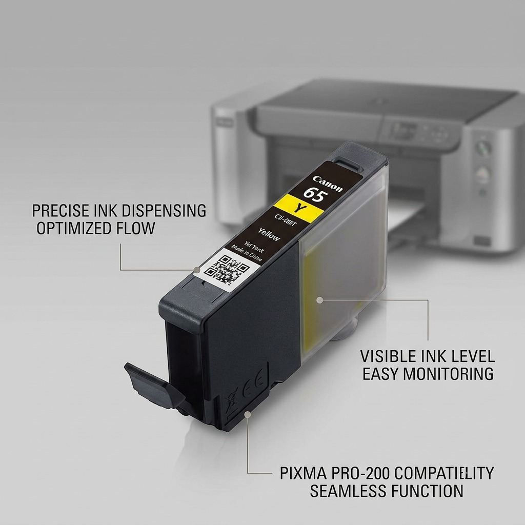 A feature image of the Canon CLI-65 yellow ink tank with callouts highlighting optimized flow, visible ink levels, and PIXMA PRO-200 compatibility.