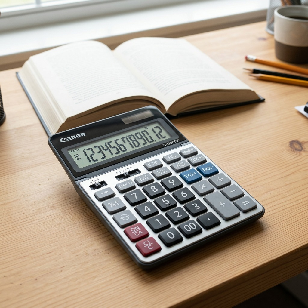 A photo of the Canon TS-1200TSC calculator on a wooden desk with a hand, pencils, and a glass for scale.