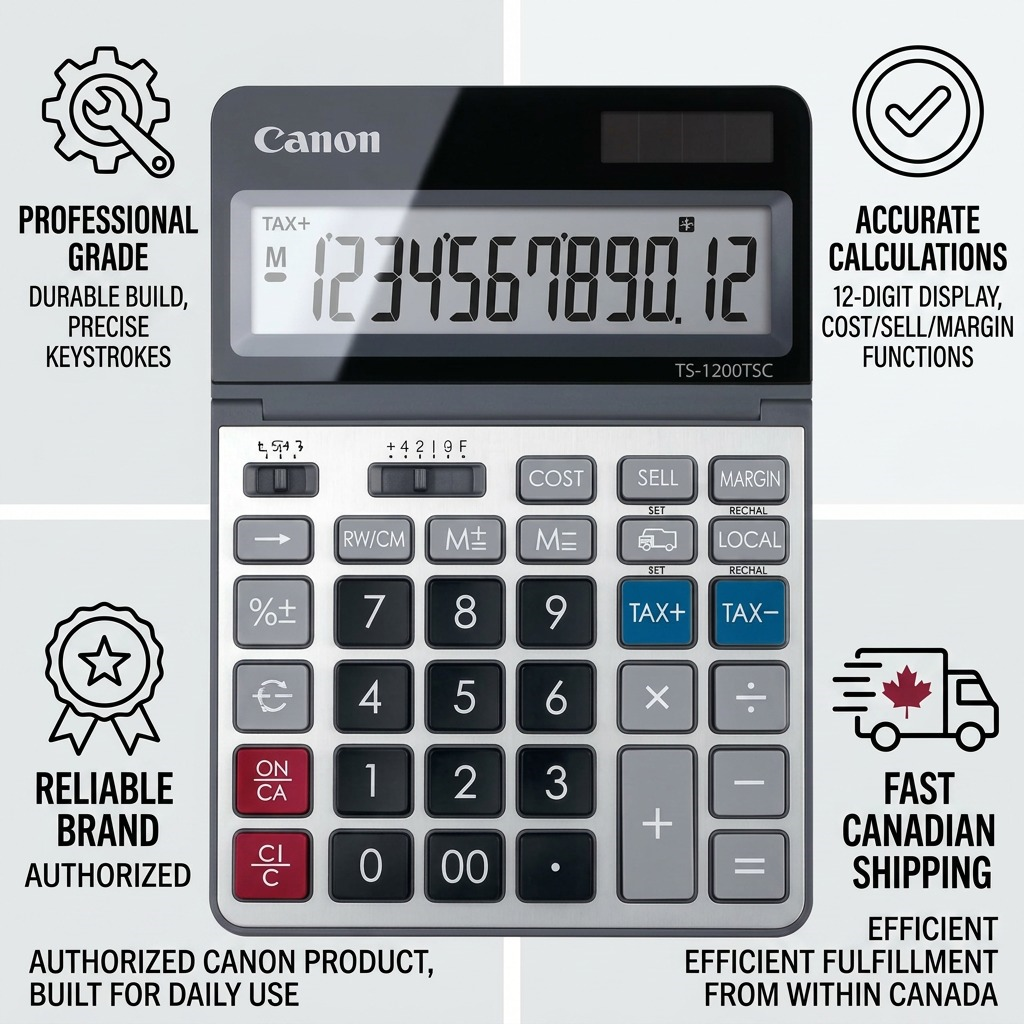 A trustworthy infographic for the Canon TS-1200TSC calculator, showing its build and shipping info.