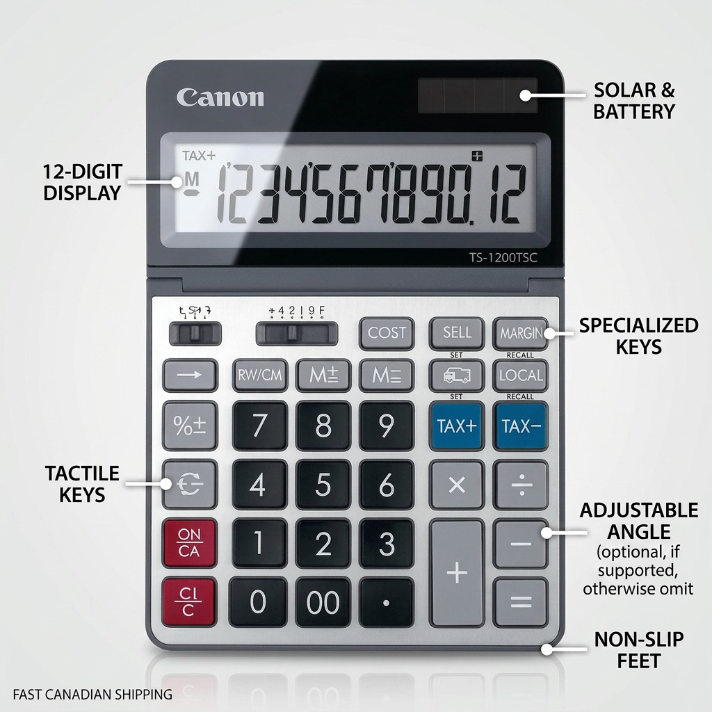 Canon TS-1200TSC calculator feature graphic with callouts for 12-Digit Display, Solar & Battery, and Specialized Keys.