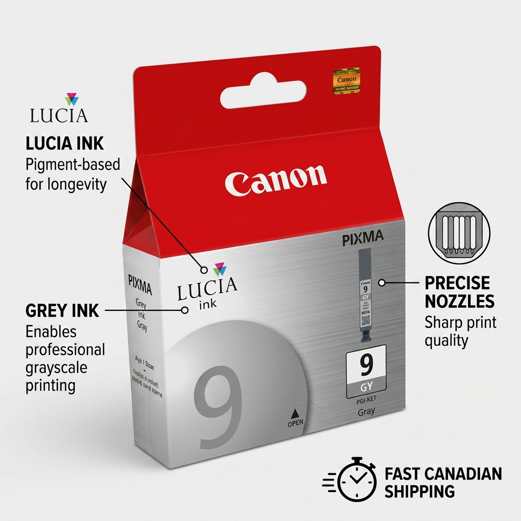 Product feature infographic for Canon PGI-9 Gray ink, highlighting Lucia ink benefits and fine details.