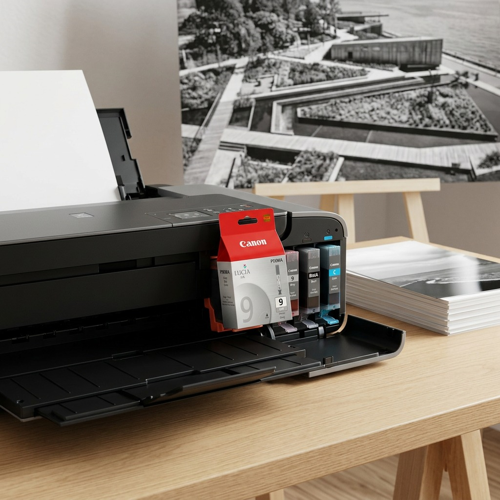 A pristine Canon PGI-9 Gray ink tank rests next to a realistic professional photo printer and stack of glossy photo paper.