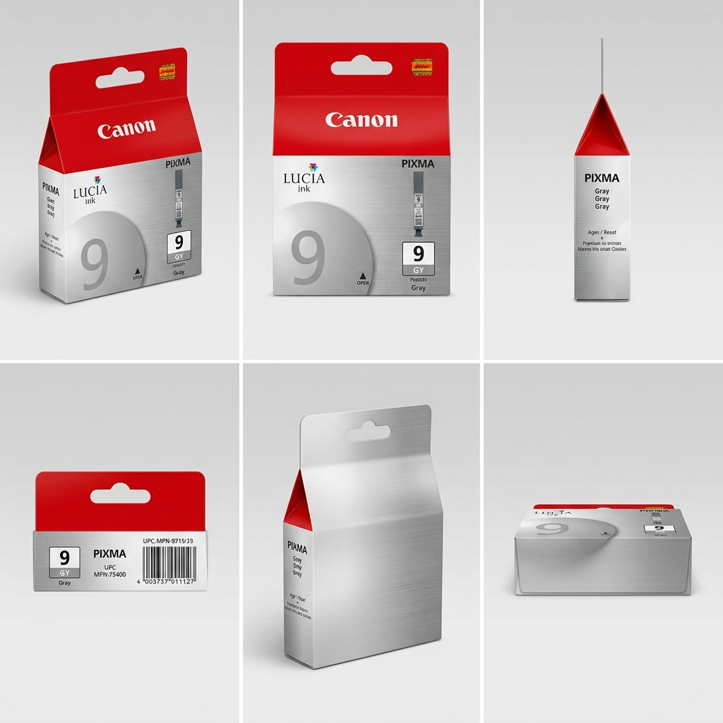 A grid of six panels showing the Canon PGI-9 Gray ink tank packaging from diverse angles on a light background.