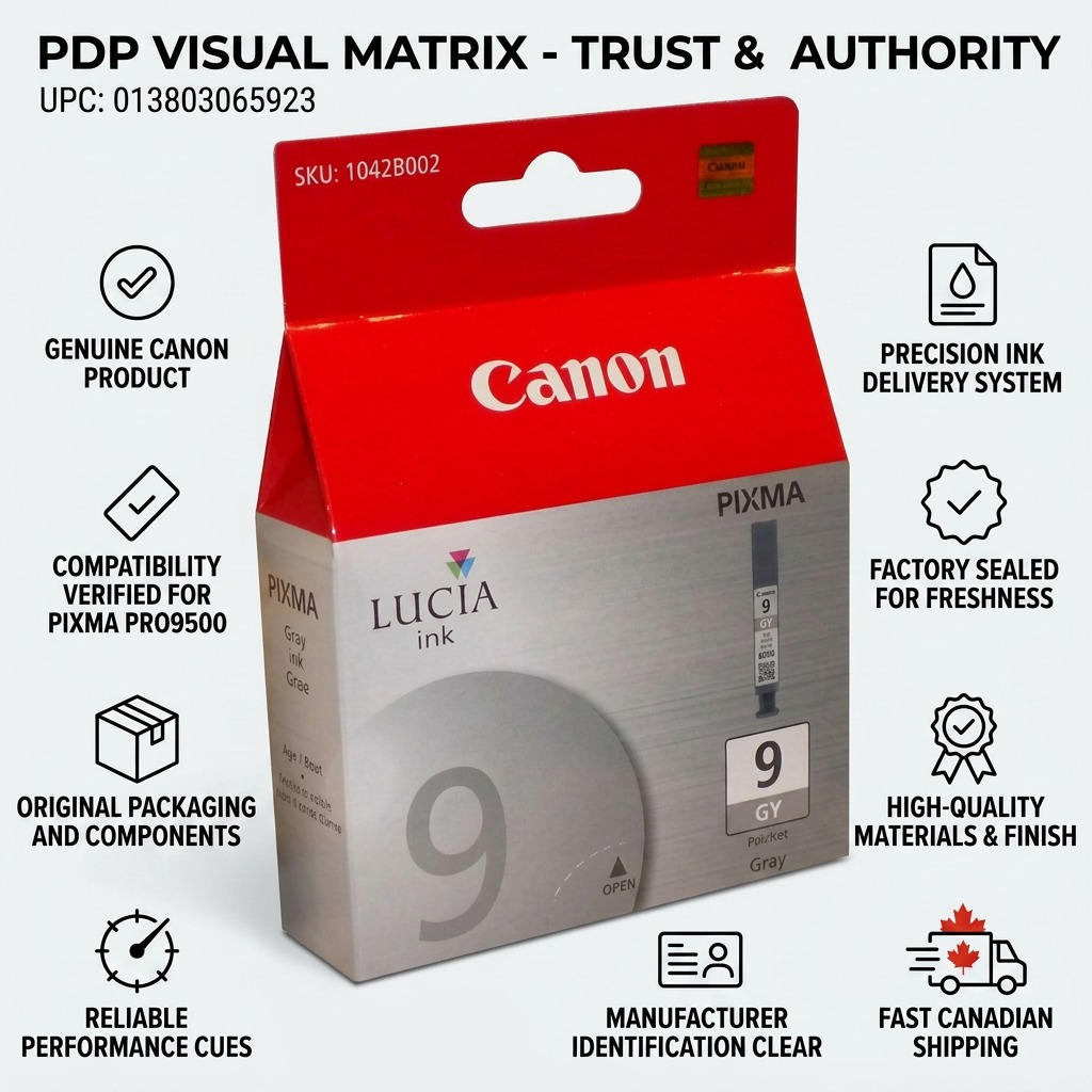 PDP infographic for Canon PGI-9 Gray ink: features icons and data ensuring trust and Canadian shipping.