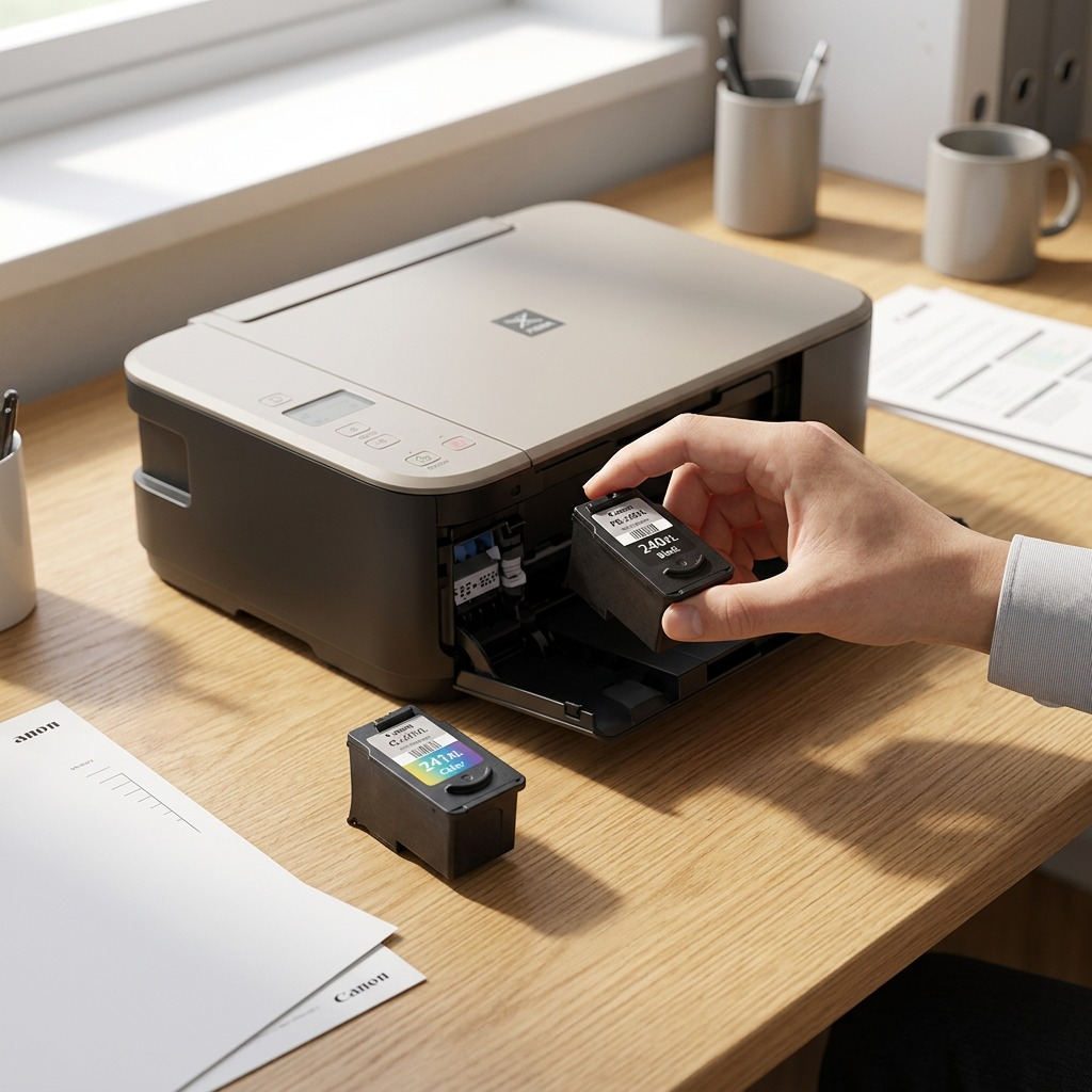 A realistic home office desktop photo showing a PIXMA printer with one black and one color ink cartridge.