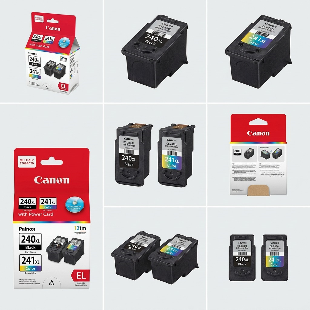 A structured 3x2 visual grid matrix showing the exact Canon PG-240XL & CL-241XL Ink Value Pack (SKU 5206B020) from six different angles, including front, side, base, and rear views. The composition uses a clean, premium ecommerce background with soft, realistic lighting.