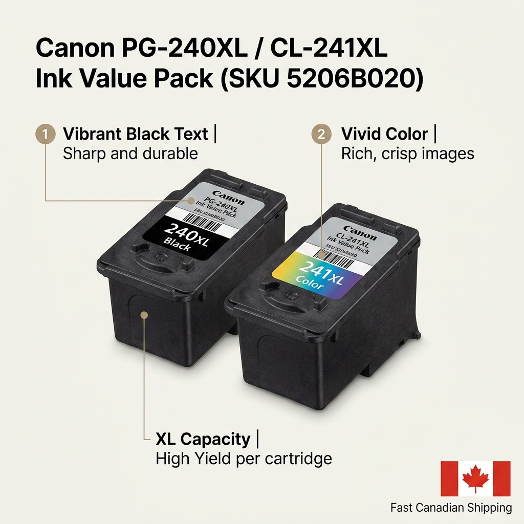 Graphic matrix with callouts highlighting the Canon PG-240XL & CL-241XL Ink Value Pack's operational features.