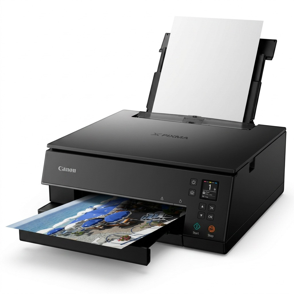 A high-resolution ecommerce hero shot of the Canon PIXMA TS6320 black printer, isolated on a pure white background.
