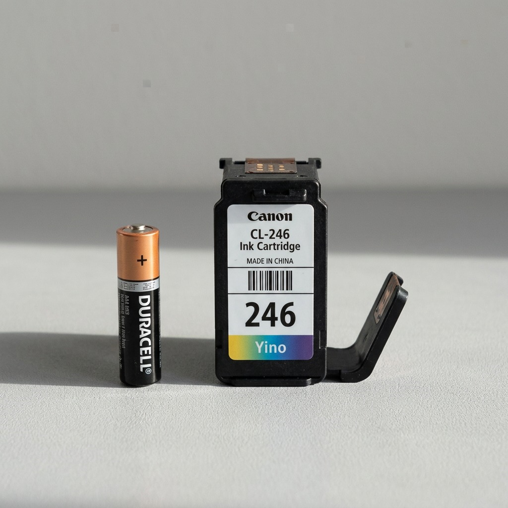 A close-up photograph of a Canon CL-246 ink cartridge next to a single AA battery on a light grey surface to illustrate size.
