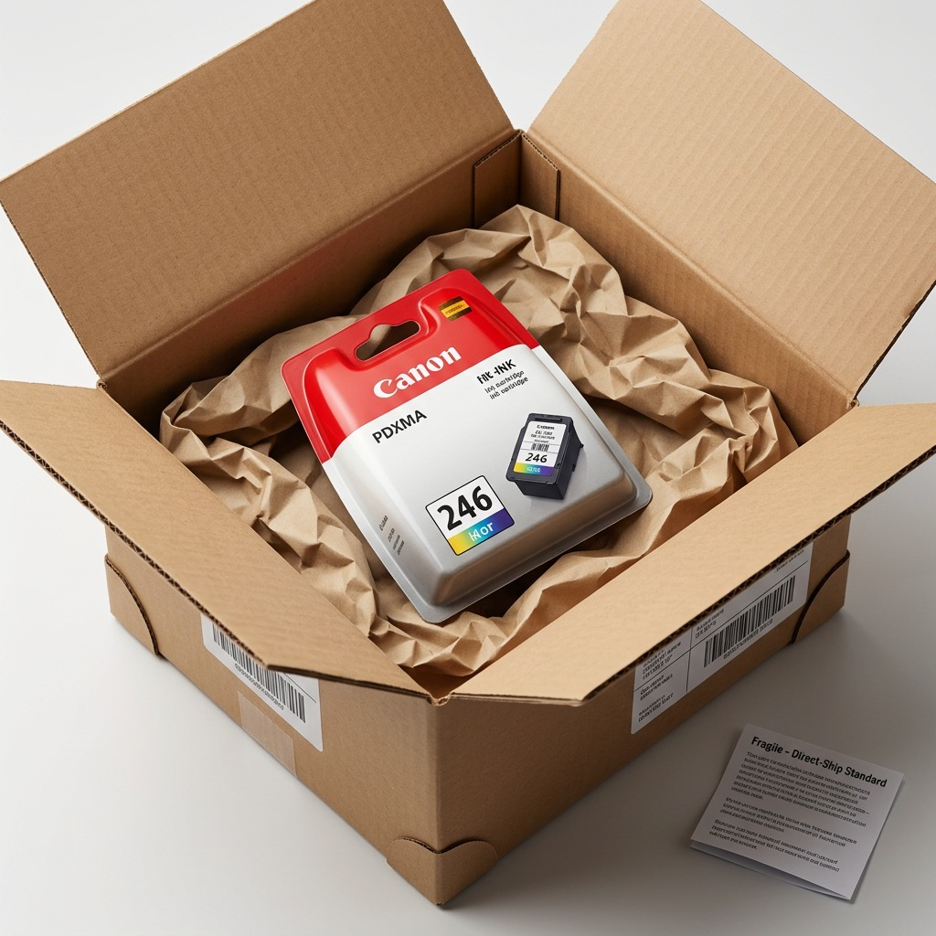 An open cardboard box revealing a Canon CL-246 ink cartridge in its protective blister pack, nestled in paper filling.