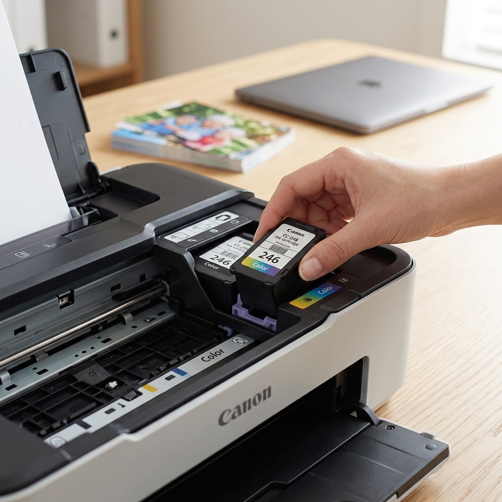 A Canon CL-246 ink cartridge in an open printer tray, showing contacts and ink nozzles.