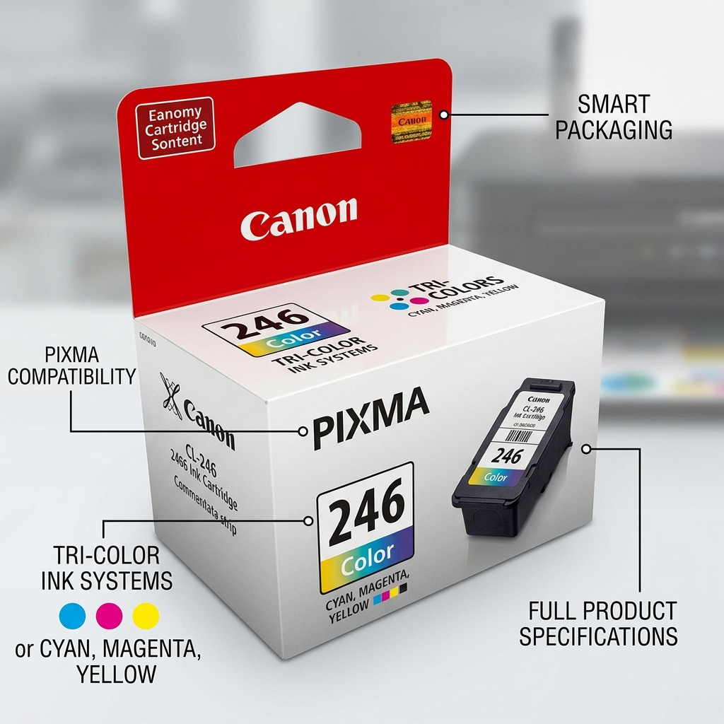 Feature callout graphic for Canon CL-246 ink cartridge, highlighting key operational benefits.