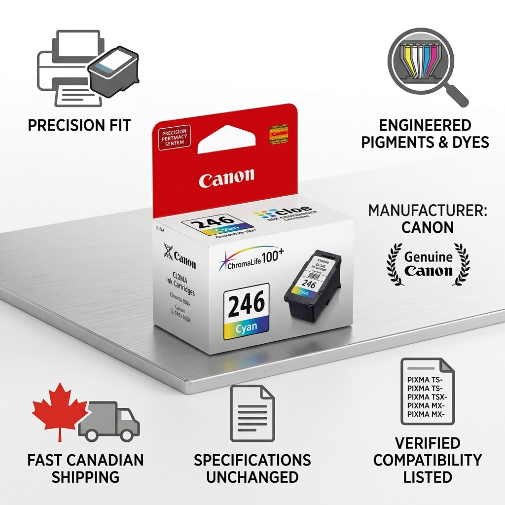 Infographic for Canon CL-246 ink, highlighting performance, genuine compatibility, and fast Canadian shipping.