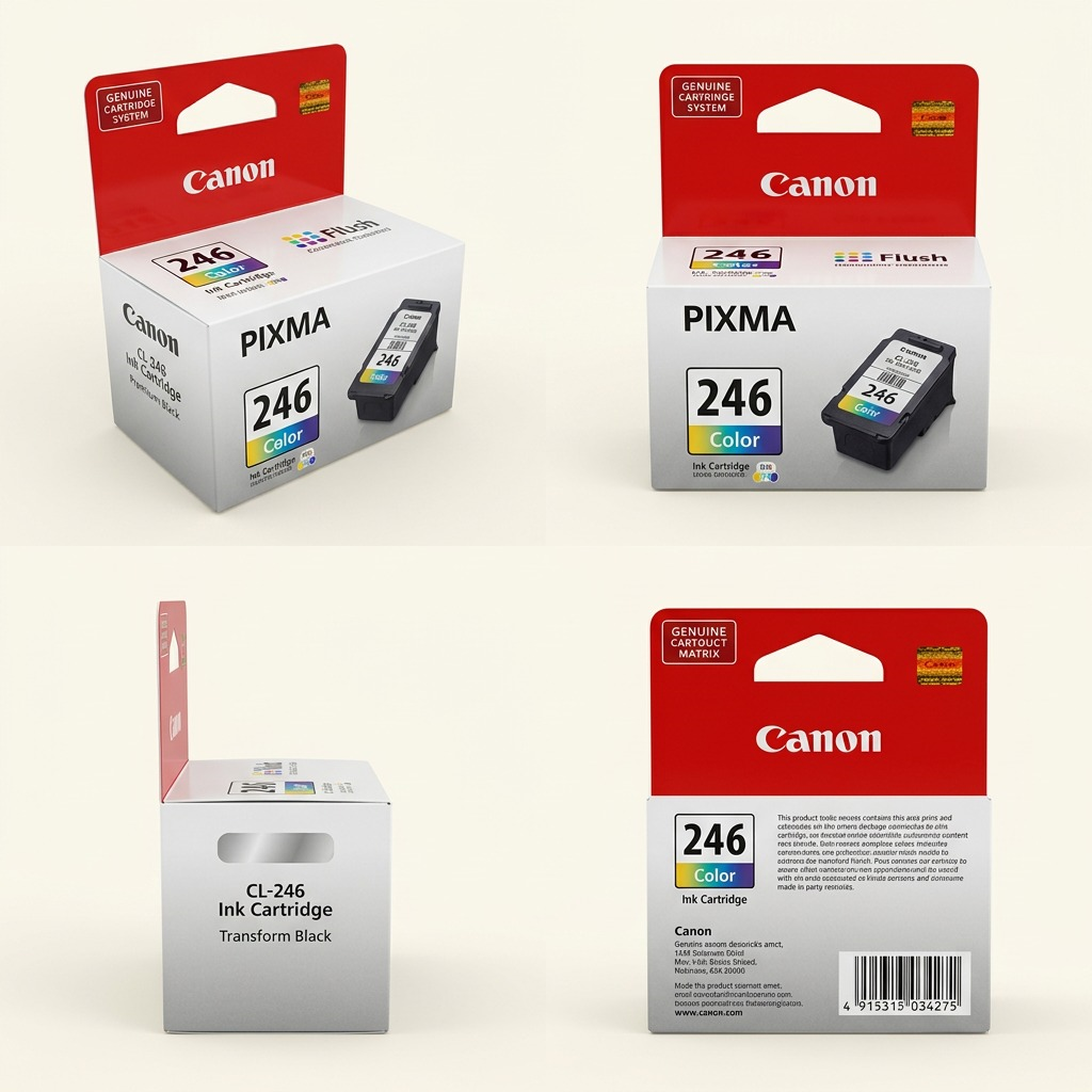 Matrix view of four angles of a Canon CL-246 ink cartridge in its retail packaging.