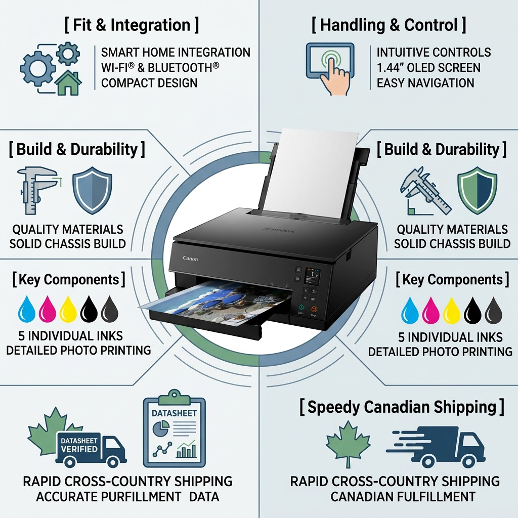 Canon PIXMA TS6320 Black printer infographic showcasing features, build quality, key components, and fast shipping.