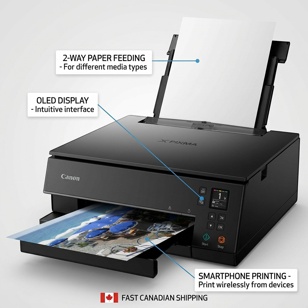Product image for Canon PIXMA TS6320 Black with feature callouts for OLED display, 2-way paper feeding, and smartphone printing, plus a Canadian shipping badge.