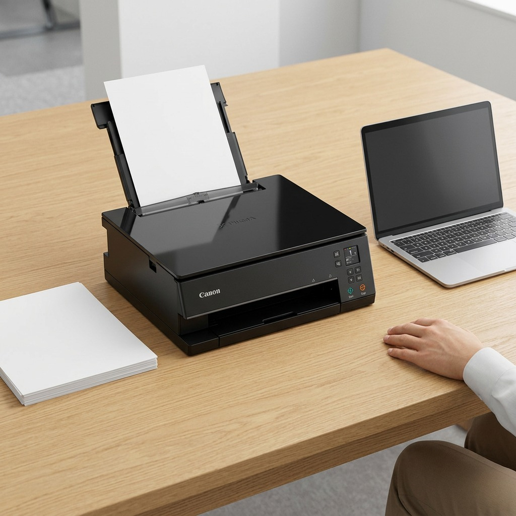 A Canon TS6320 black printer, matching image_0.png, placed on an office desk next to a realistic 13-inch laptop, showing its compact size for a home workspace.