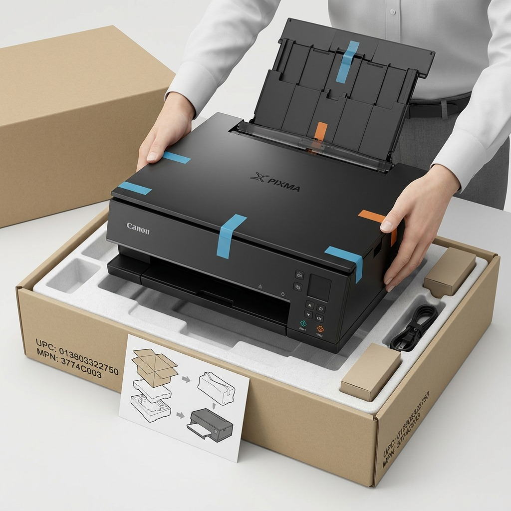 High-resolution photograph of the Canon PIXMA TS6320 printer partially unboxed, in its protective shipping box with foam inserts.