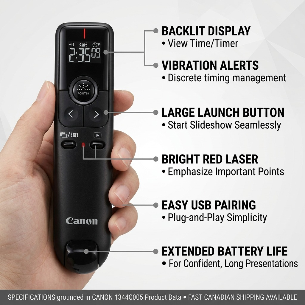 A feature graphic highlighting key operations of the Canon PR100-R-BK presenter using minimalist pointer lines and short text benefits over a hand-held product photograph.