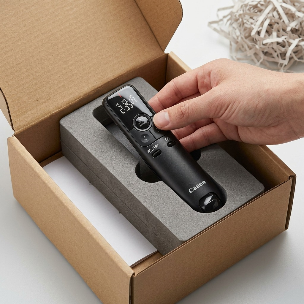 A hand lifting the specific Canon PR100-R-BK presenter from a foam insert within a protective shipping standard box.