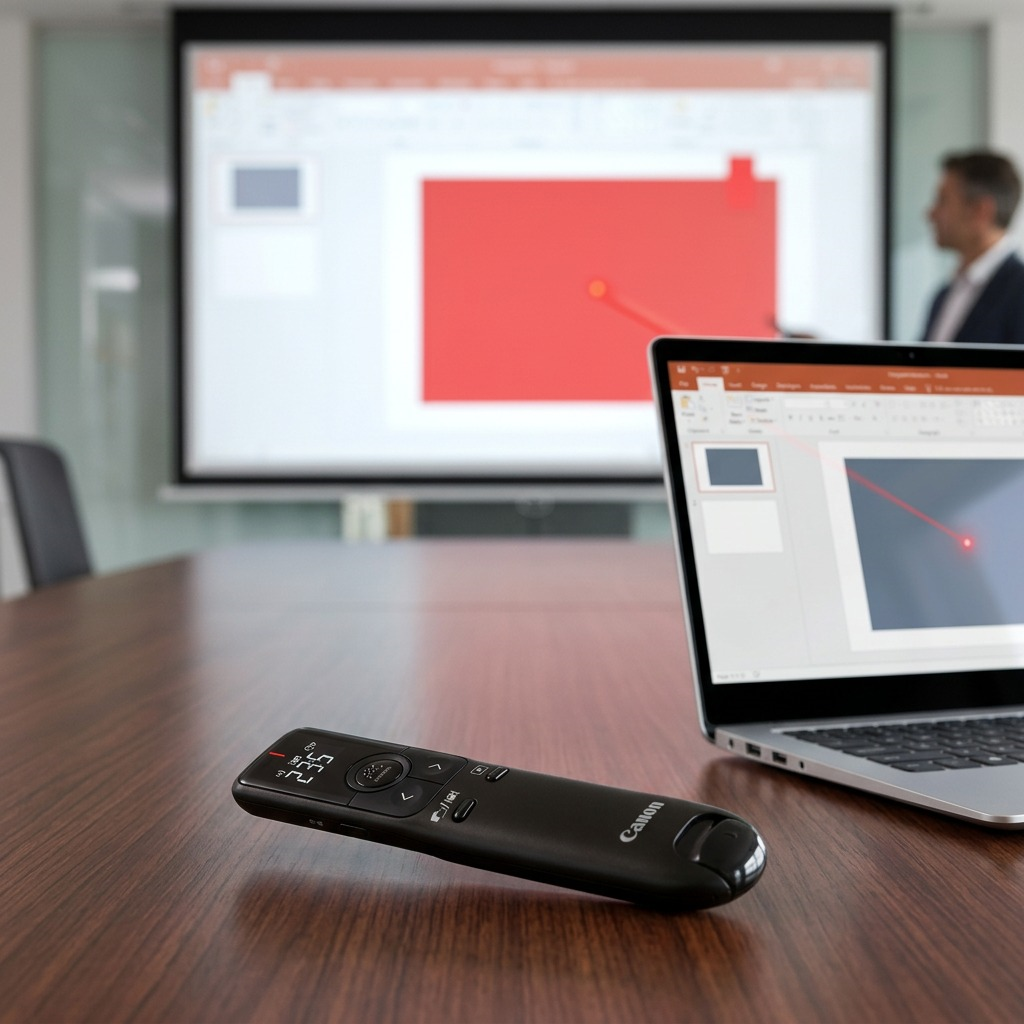 Lifestyle view: Canon PR100-R-BK presenter on a table, with speaker and computer in the background.