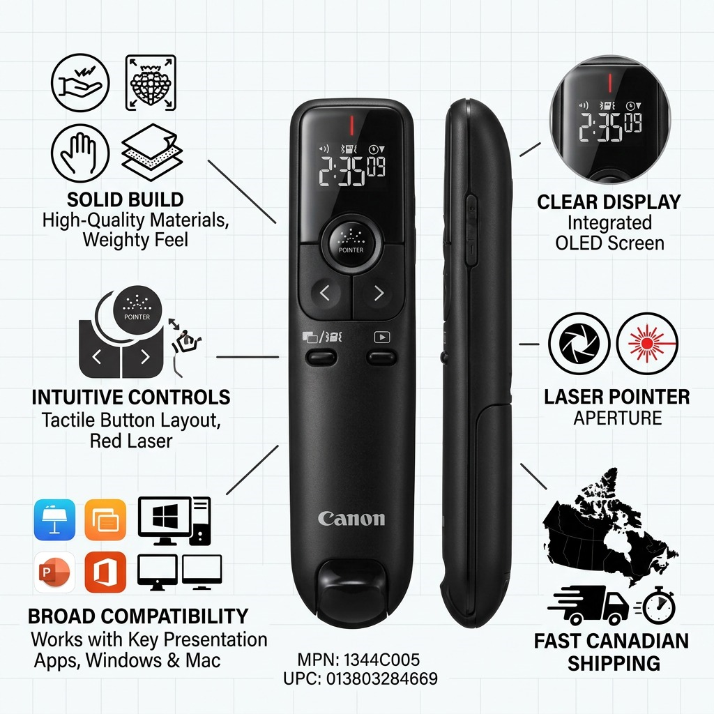 Trust and authority infographic featuring the Canon PR100-R-BK presenter against a clean light grid background, with factual product callouts including build quality, controls, and Canadian shipping.