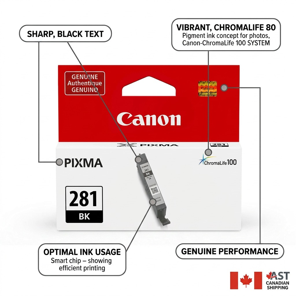 A feature infographic of the Canon CLI-281 Black cartridge detailing its text quality, photo longevity, efficiency, and chip technology.
