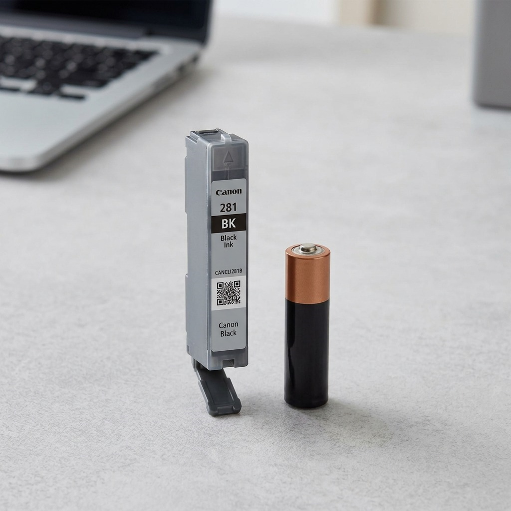 Scale reference photo for Canon CLI-281 Black ink, shown at true size next to an AA battery.