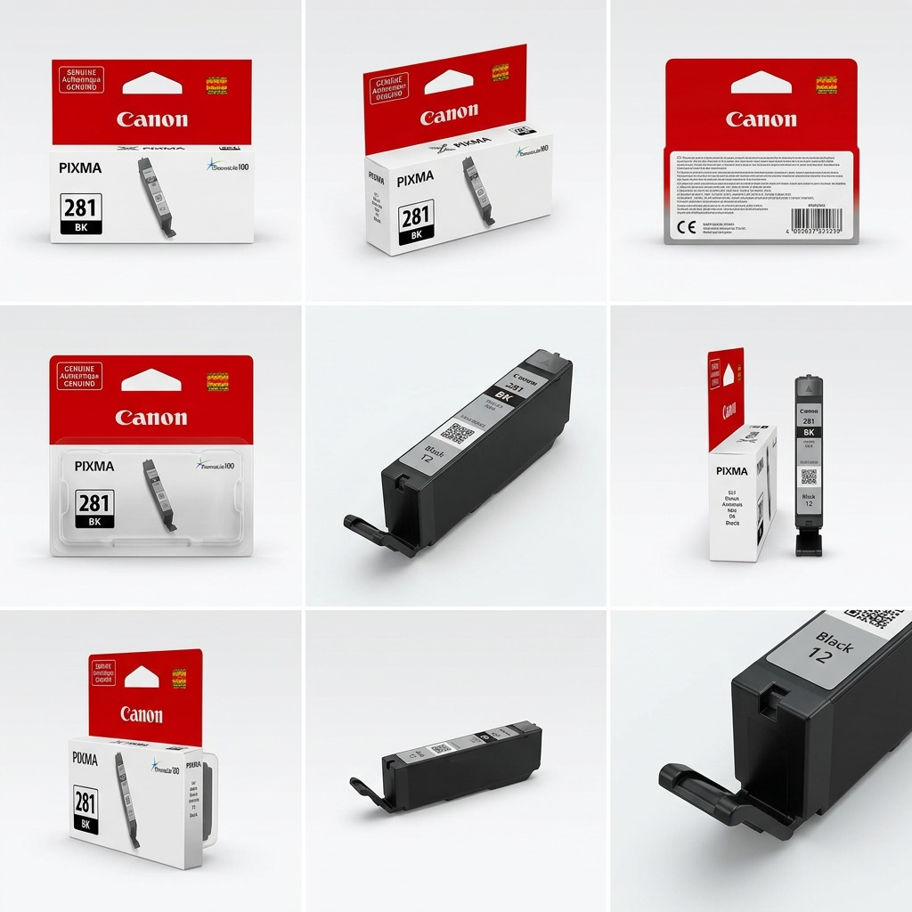 A premium 3x2 product visual grid showcasing Canon CLI-281 series ink tanks from various angles.