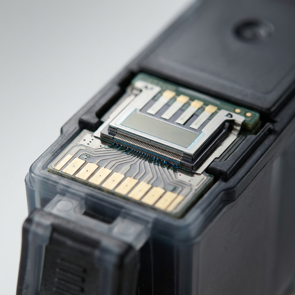 Macro photograph of the intricate integrated print head and gold electronic contacts on a Canon printer ink cartridge.