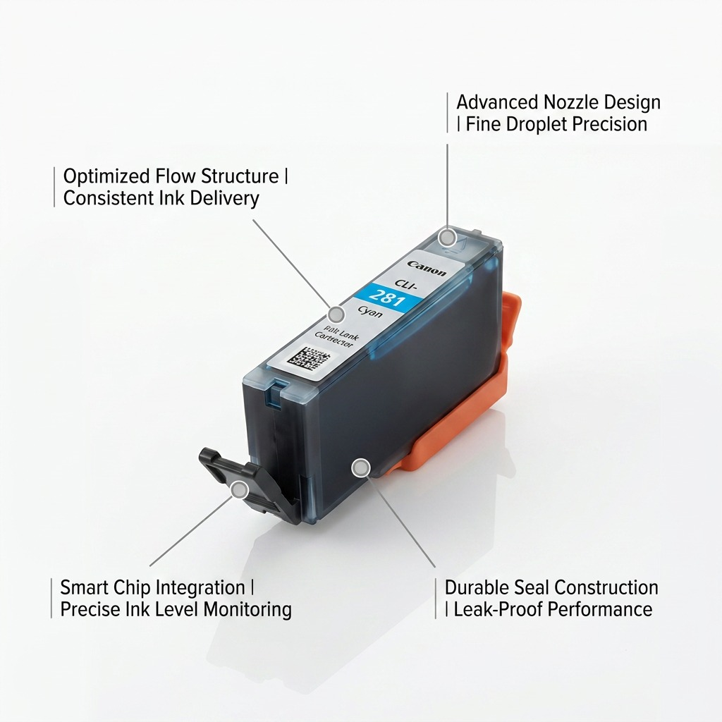 Visual guide for Canon CLI-281 Cyan ink tank highlighting precision nozzle design, smart chip monitoring, consistent flow structure, and leak-proof seal. SKU 2088C001.