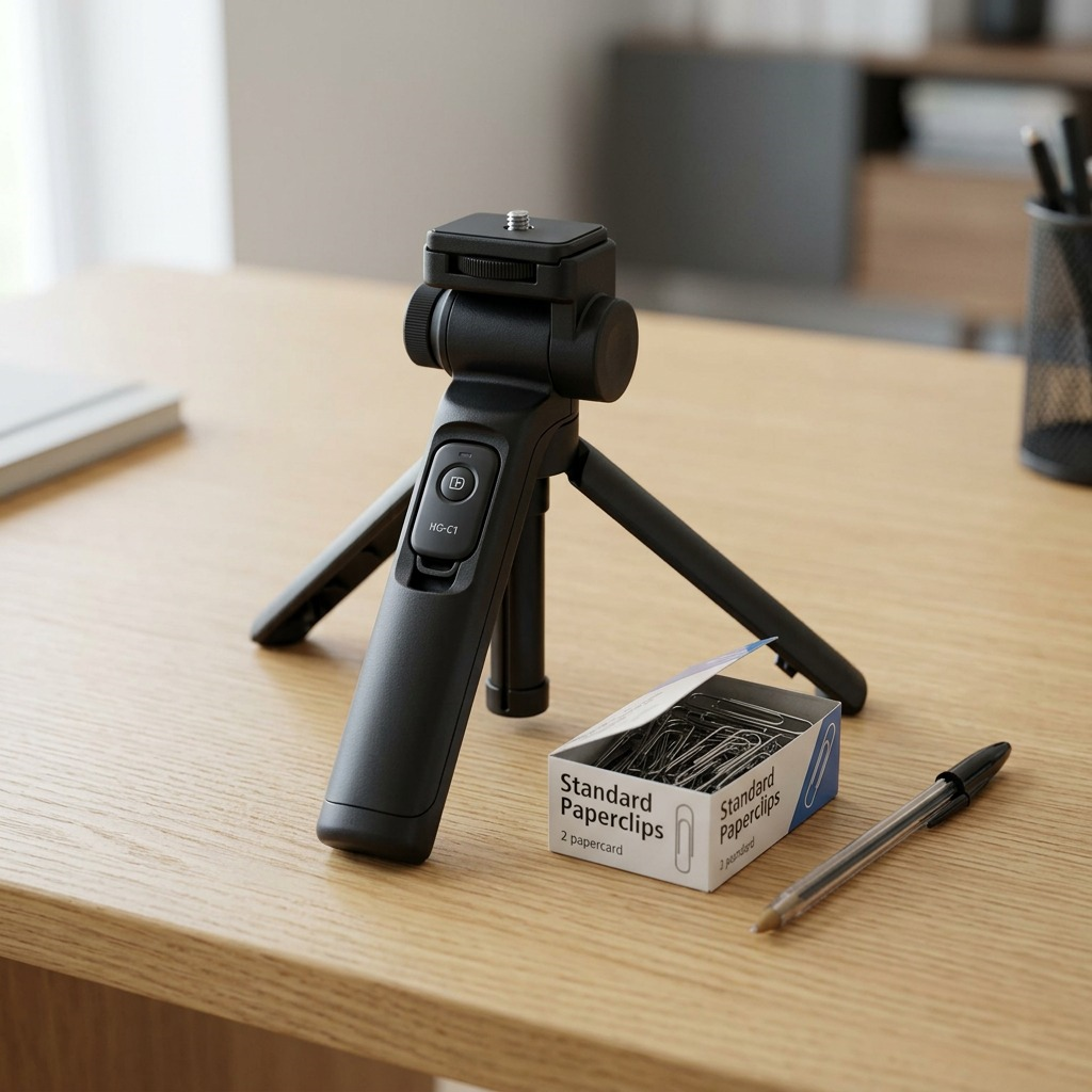 We see the black Canon Tripod Grip on a desk, next to a classic desk elements to show its compact scale.