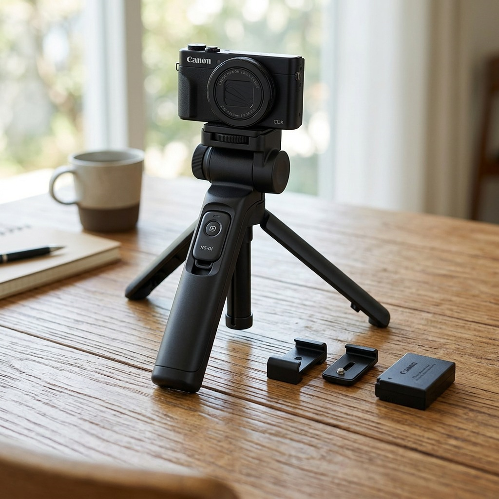A lifestyle photo of the Canon HG-100TBR Tripod Grip on a wooden table, supporting a small camera, near a mug.