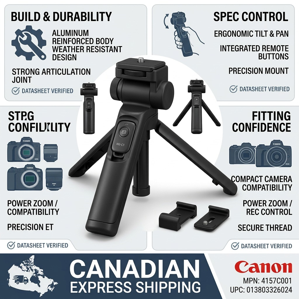 A confidence infographic showcasing the Canon HG-100 T B R tripod and various trust-related icons and features.