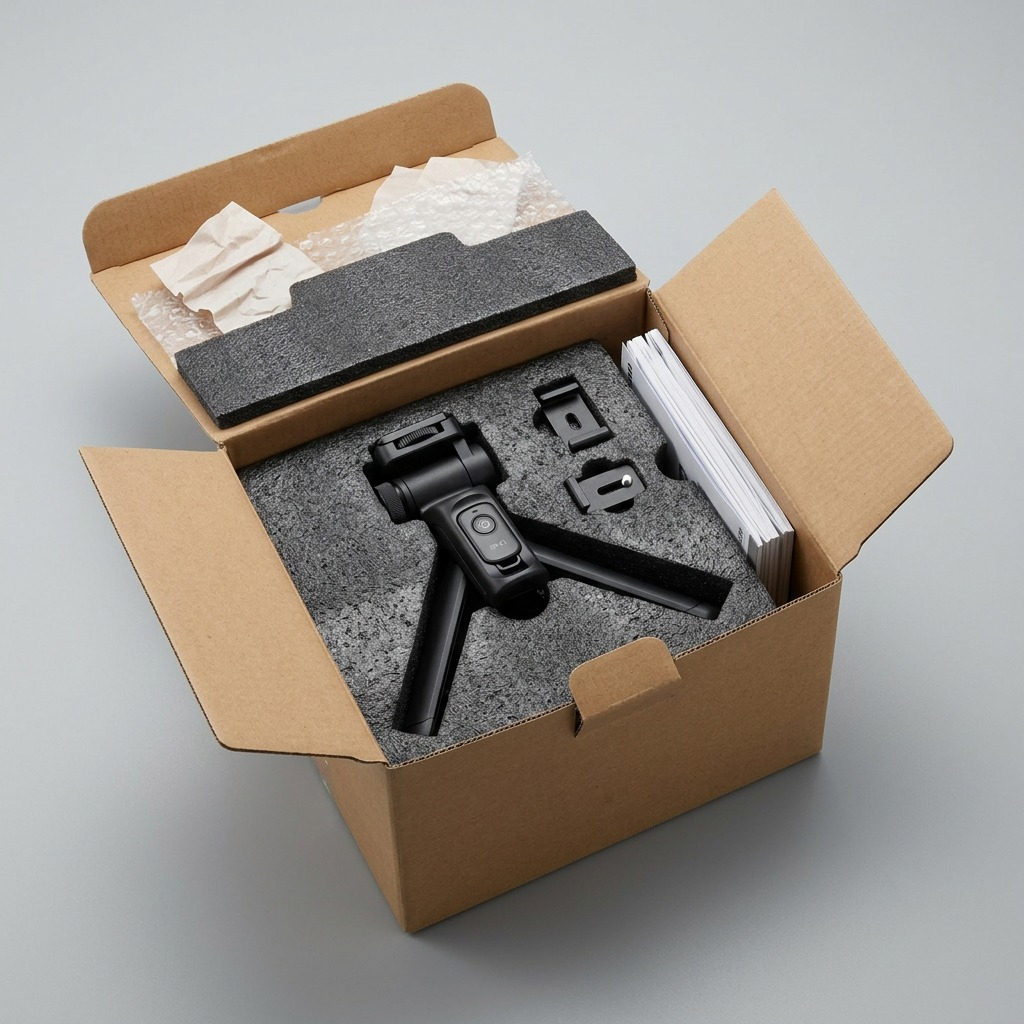 A premium unboxing view of the black Canon HG-100TBR tripod grip securely cushioned in protective foam inside an open box.