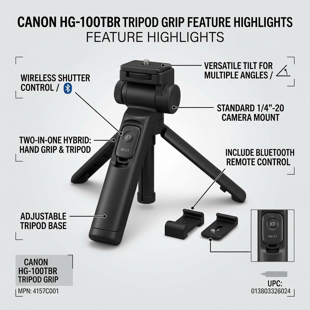 A visual matrix shows feature highlights for the Canon HG-100TBR. Labels note wireless shutter control with Bluetooth, two-in-one hybrid use, and flexible tilt. A small inset image also shows the detachable Bluetooth remote. (152 characters)