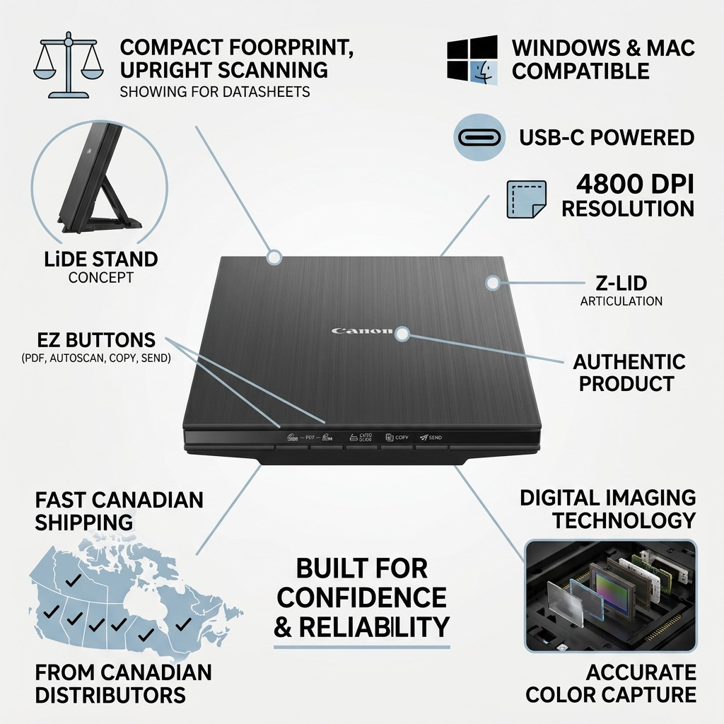Canon CanoScan LiDE 400 infographic highlighting technical specs, Canadian shipping, and reliability.