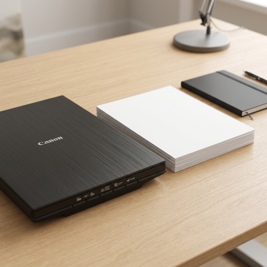 Scale reference of Canon CanoScan LiDE 400 scanner next to a stack of letter paper and a notebook.