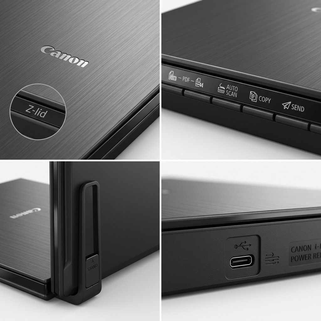 A macro visual matrix showcasing key features of the Canon CanoScan LiDE 400 scanner.