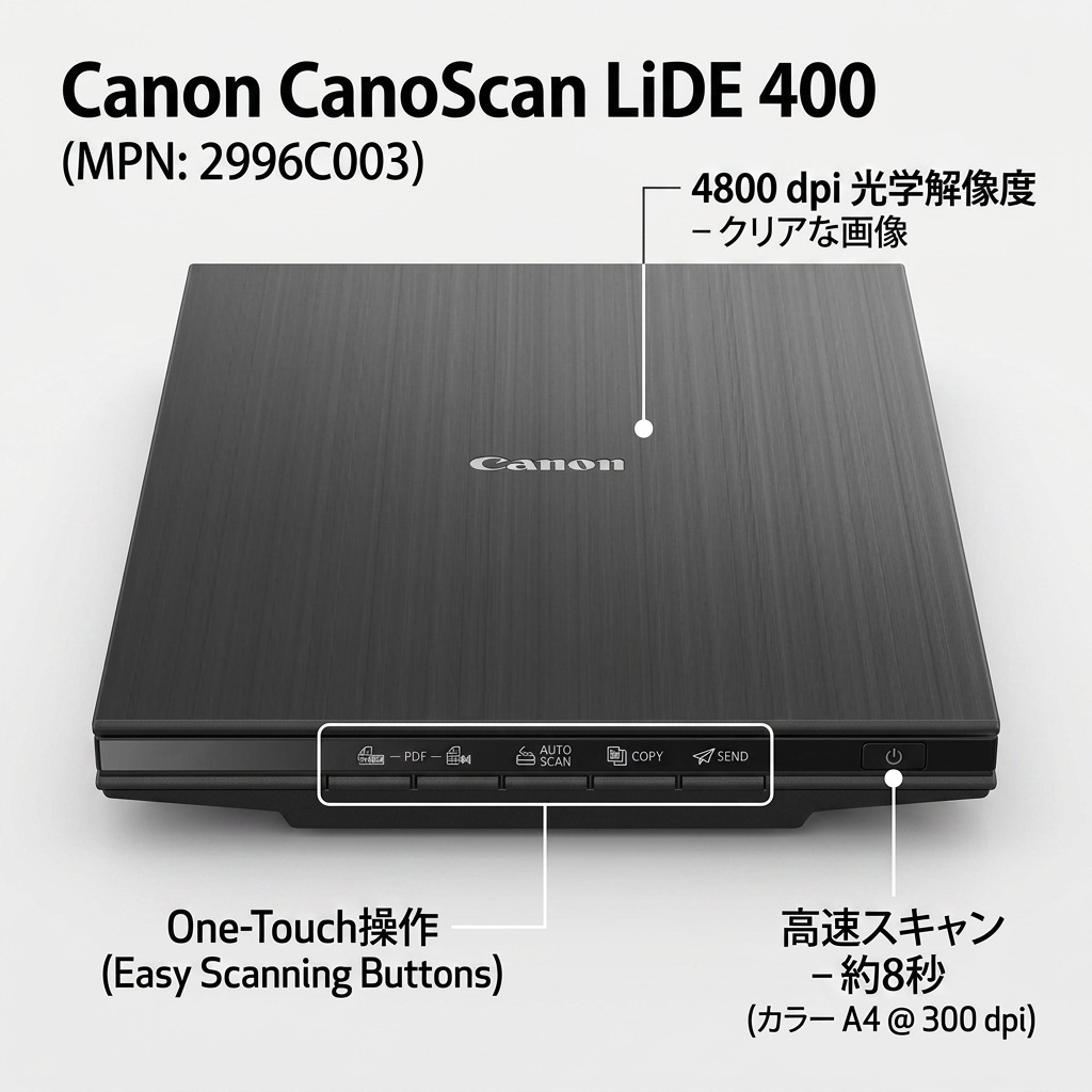 An e-commerce image highlighting features: 4800 dpi resolution, clear images; one-touch easy scanning buttons; and fast 8-second color A4 scanning at 300 dpi.