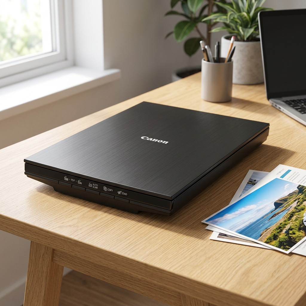 Lifestyle photograph of the valid Canon CanoScan LiDE 400 on a modern light-wood desk with photos.